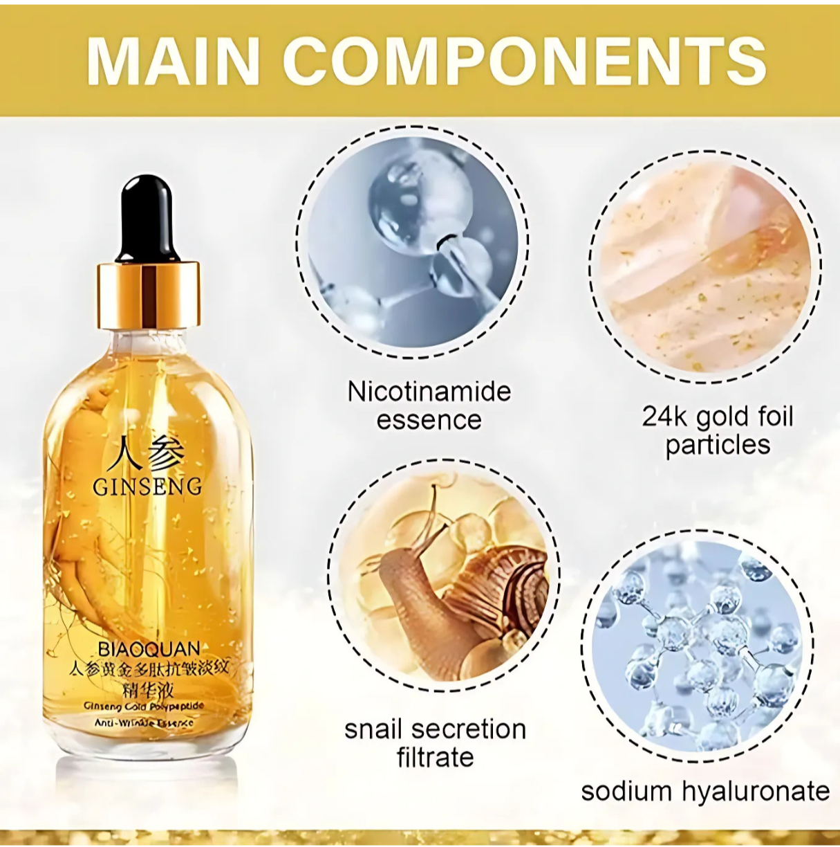 Luxé Nectar 24K Gold Ginseng Polypeptide Anti-Aging Serum – Elixir for Wrinkle Reduction, Firming & Hydration (100ml)